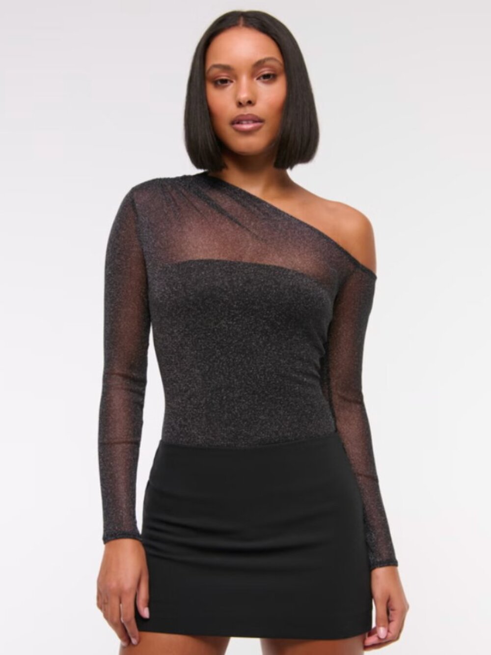Abercrombie & Fitch Women's Long-Sleeve Asymmetrical Draped Mesh Bodysuit